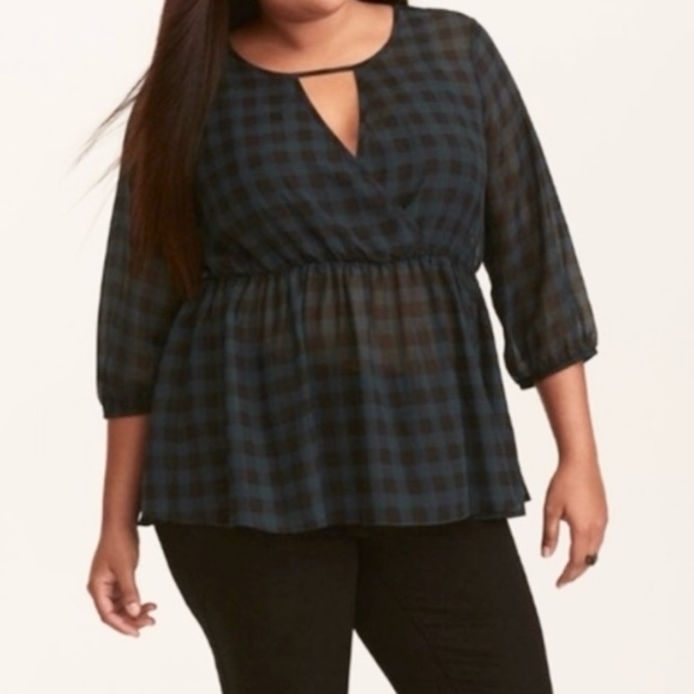 Torrid Sheer Green & Black Check Gingham Plaid Peplum Top 1X